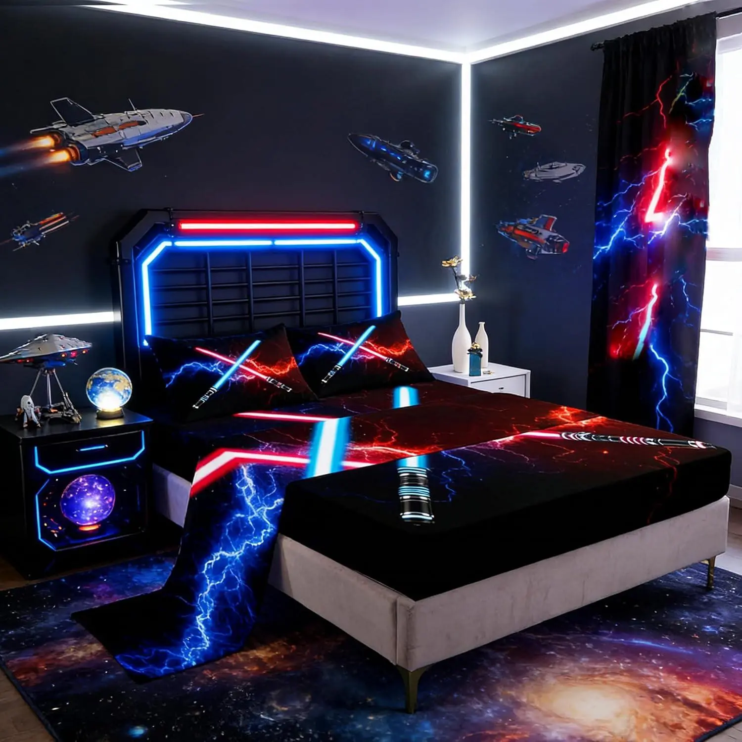 Blue Purple Lightsaber Bed Sheet,Neon Glowing Lightning Bedding Set,Fashion Games Fitted Sheets for Kids Boys Girls Teens Room Decor,Modern Black Top Flat Sheet
