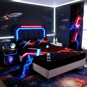Blue Purple Lightsaber Bed Sheet,Neon Glowing Lightning Bedding Set,Fashion Games Fitted Sheets for Kids Boys Girls Teens Room Decor,Modern Black Top Flat Sheet