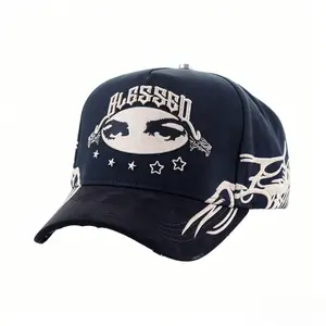 Blessed Skeleton Eye Embroidered Trucker Cap – Dark Streetwear Snapback Hat