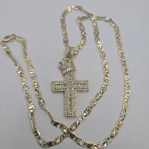 FASHION CROSS with crown multi-stones three colora necklace gold-plated