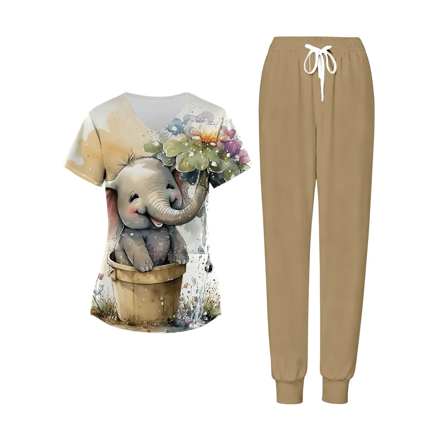 Women’s V-Neck Short Sleeve T-Shirt and Pants Set - Khaki Elephant Floral Print, Soft Breathable Fabric with Pockets, Casual Workwear for Spring and Fall, Comfortable Loungewear Outfit