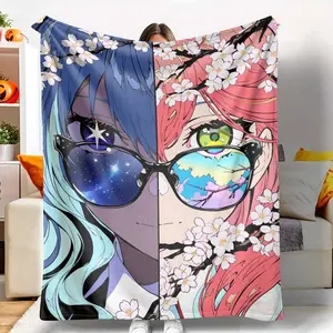 Anime Style Flannel Blanket Cherry Blossom and Starry Night Print Ultra Soft Cozy Lightweight Perfect for Living Room Bedroom Sofa Couch Travel Gift Home Decor