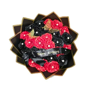 Happy Birthday Red and Black Rose Bouquet - 25 Elegant Roses with Gold Accents & Satin Bow for Birthday Celebrations