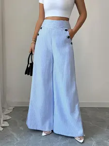 New Spring Summer Fashion Simple Woven Elegant Linen Blue Striped High Waist Wide Leg Bell Pants, Hidden Zipper and Pockets Design
