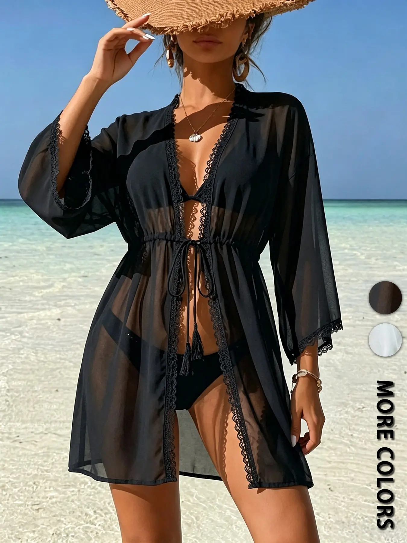 Summer Beach Resort Women's Lace Cover-Up, Drawstring Waist Fringe Sheer Bikini Top, Summer Trendy Beach Cover-Up, Summer Coverup, Beach Cover Ups