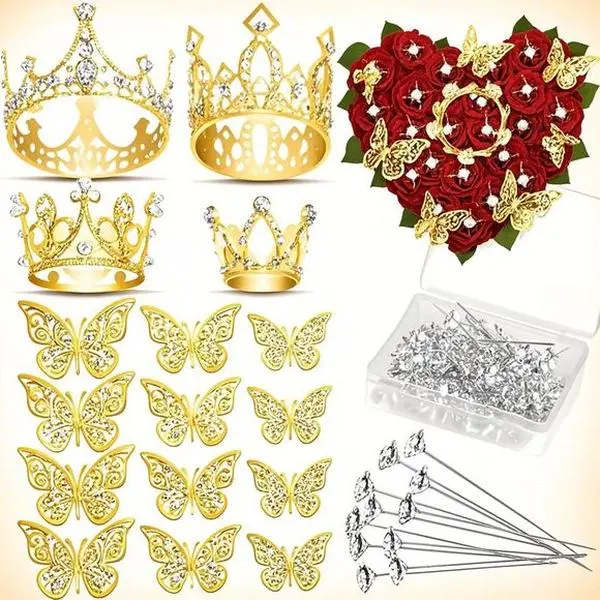 Elegant Bouquet Crown Set with 4 Pcs Floral Toppers, 12 Pcs Butterfly Charms and 50 Pcs Stem Pins for Wedding Birthday Baby Shower Decorations, Reusable Floral Accessories, DIY Flower Arrangement Kit, Premium Gift for Bridal Party Plastic Hollow