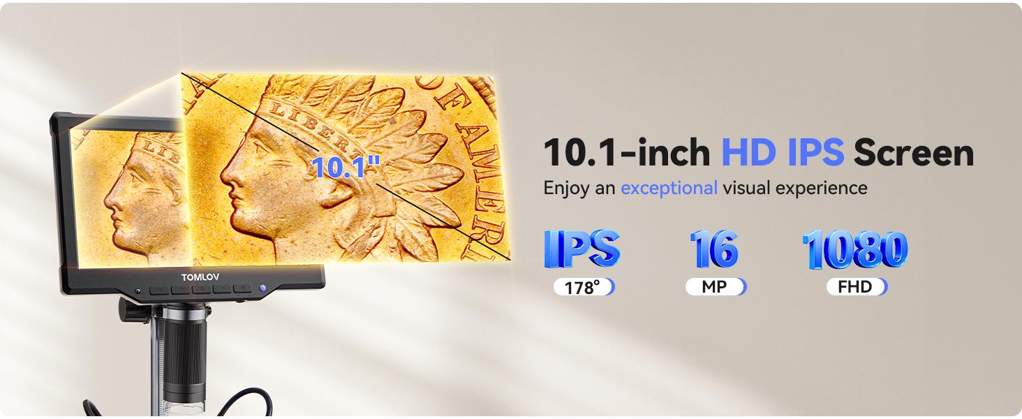 TOMLOV DM10 10.1" Digital Microscope: 1080P 1200X HD IPS Coin Microscope Magnifier for Error Coins with Light, 16MP LCD Soldering Microscopes for Adults with Screen, PC View, 32GB