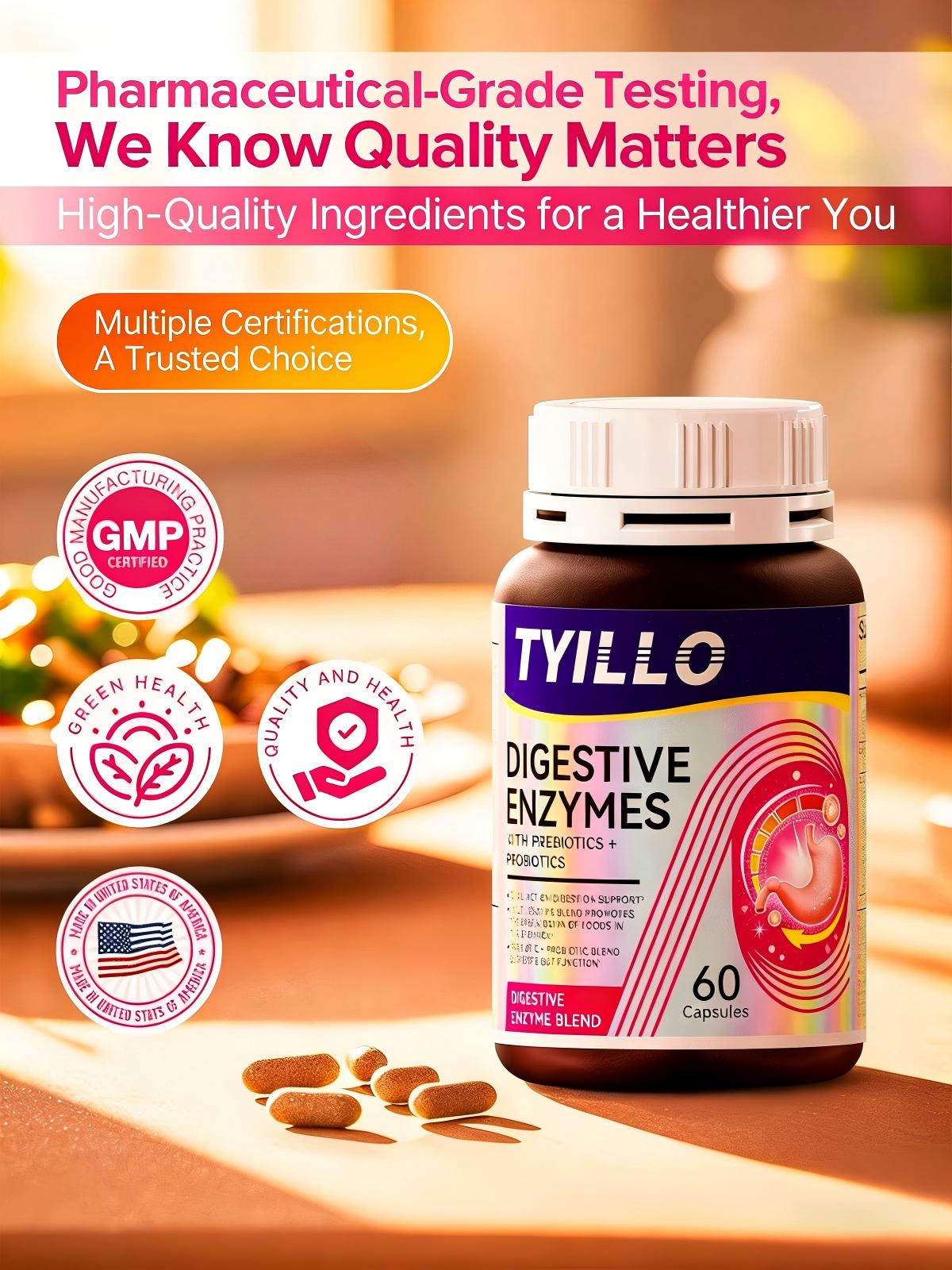 TYILLO Digestive Enzymes with Prebiotics & Probiotics 60 Capsules – Digestion Support & Flatulence Relief for Better Gut Health