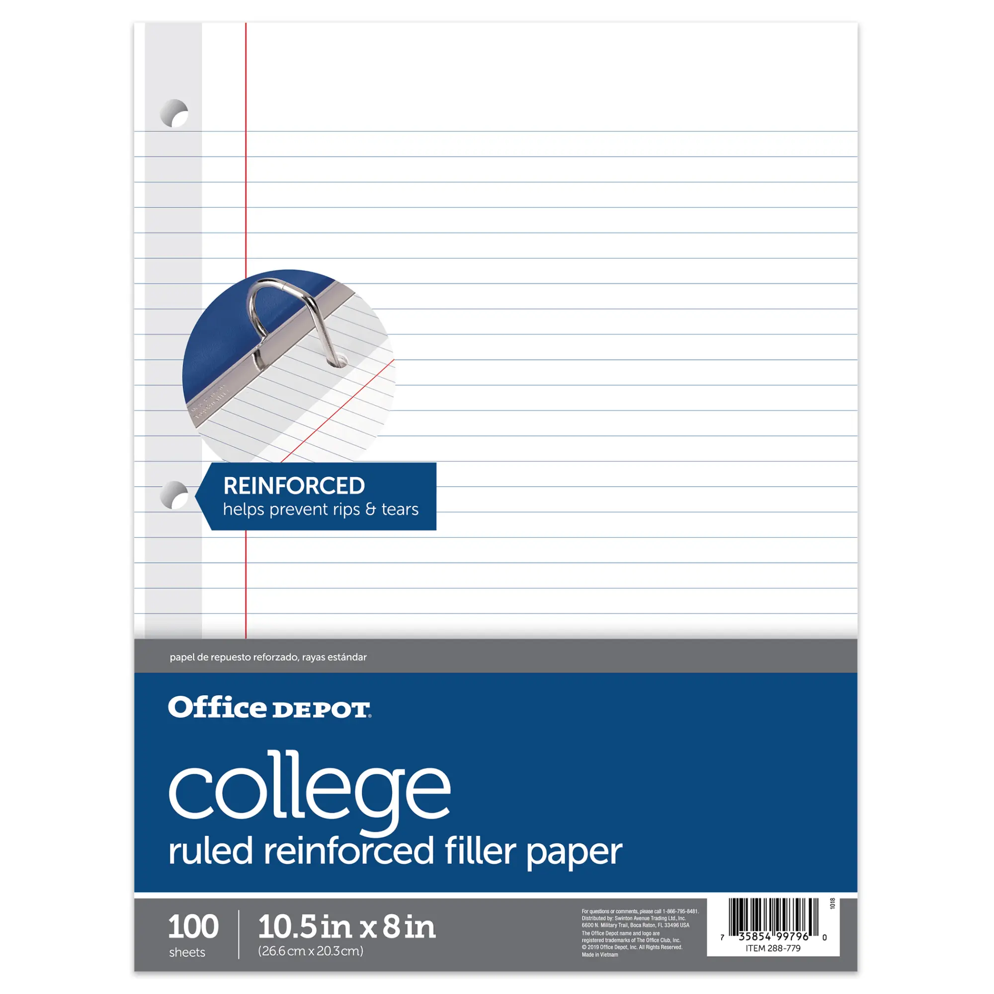 Office Depot® Brand Reinforced Filler Paper, 8" x 10-1/2", College Ruled, White, Pack Of 100 Sheets