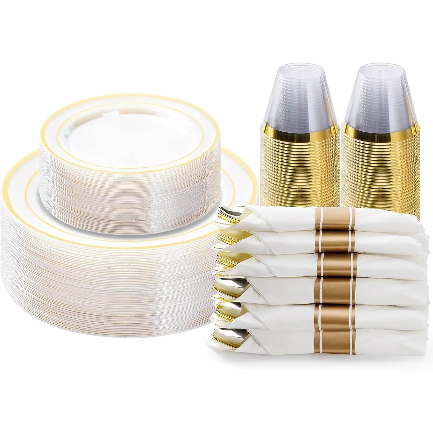 Goodluck 175 Piece Clear Gold Plastic Dinnerware Set for 25 Guests | Disposable Dinnerware Includes: 50 Plastic Plates, 25 Pre Rolled Napkins with Silverware, 25 Cups