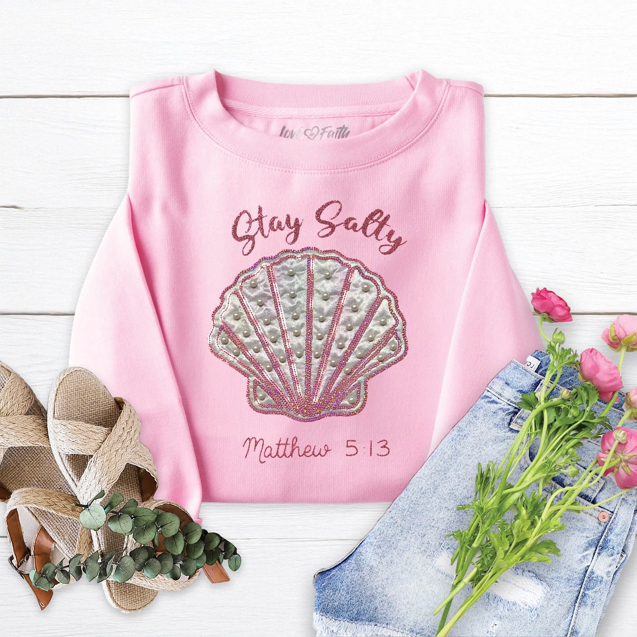Embellished Stay Salty Crewneck Sweatshirt - Heather Bubble Gum