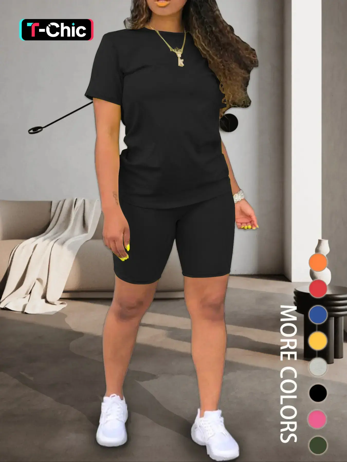 Two-piece Women's Fitted Plain Basic Round Neck Tee & Skinny Shorts Set, Minimalist, Casual Summer Clothes for Women, Short Sleeve Crew Neck T-shirt & Shorts, Summer Outfit for Outdoor, Matching Clothing Set, Casual Beach Set