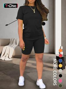two-piece set women's plain shorts set, comfort round neck shortsleeve tee & skinny shorts, summer clothes women, back to school outfits, workout set, fitted casual summer clothes for outdoor, tomboy femme outfits, workout sets women, womenswear