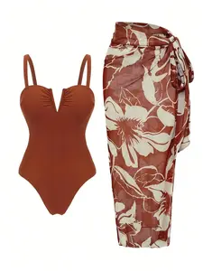 Keyhole Spaghetti Strap One Piece Swimsuit with Printed Wrap Sarong Two Piece Set 2 Styles Solid cutout one-piece swimsuit matched with printed tie sheer cover wrap skirt, two print options available Summer Vibes