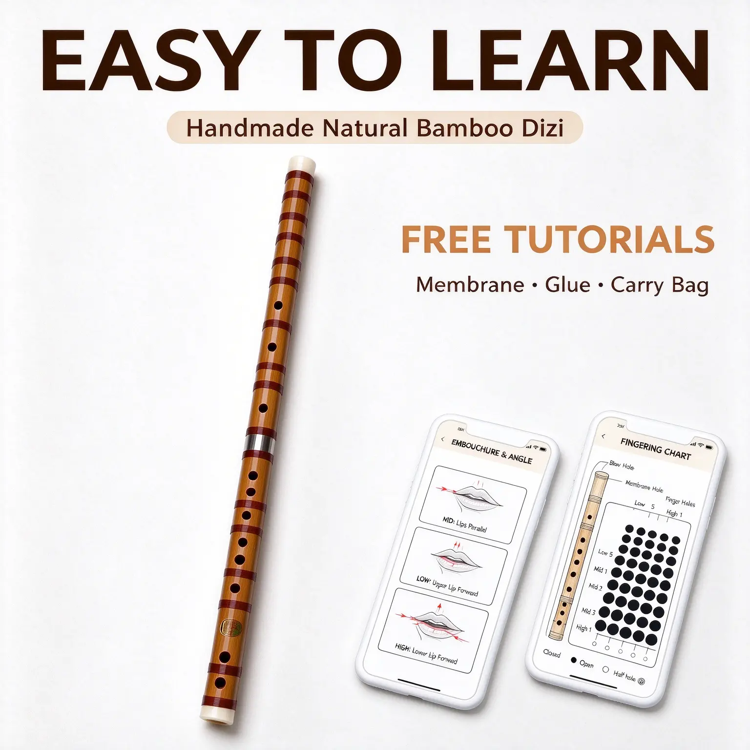 Handmade Natural Bamboo Dizi for Beginners | Free Tutorials + Comes with Flute Membrane, Glue & Carry Bag