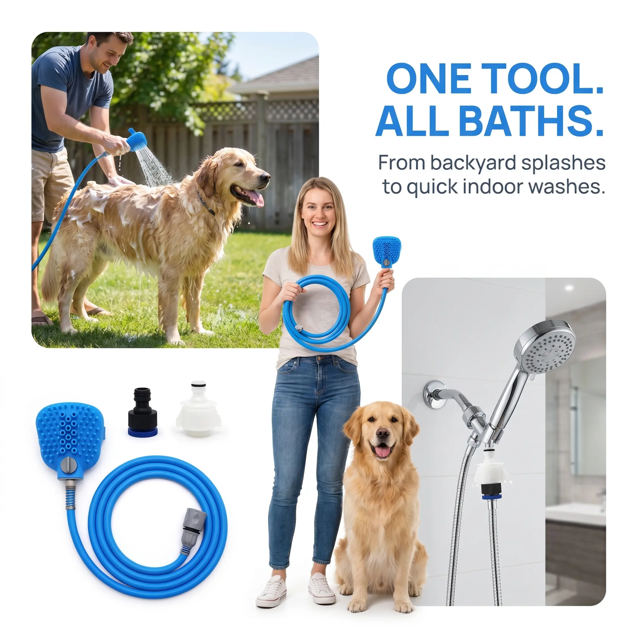 BPA-Free Dog Bathing Sprayer & Scrubber Tool - Non-Toxic Silicone Pet Shower Massager, Shedding Grooming Brush with Indoor/Outdoor Hose Adapters for Stress-Free Bathing campingessentials