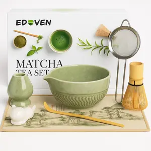 EDOVEN Matcha Tea Set 8-Piece Ceremonial Kit with Ceramic Bowl Bamboo Whisk & Sifter for Matcha Lovers Traditional Ceramic Tea Set Gift Box Included Scoop