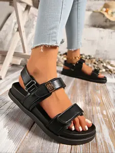 Women's summer ethnic style open toe wedge thick sole sandals with a single strap, magic tape, metal buckle, high water platform Roman heightening shoes hollow and breathable, lightweight and comfortable outdoor beach shoes, Fashionable Wedge Shoes