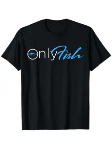 ONLY FISH Graphic Cotton T-Shirt for Men – Black Casual Outdoor Tee with Blue Fish Design Crewneck Breathable