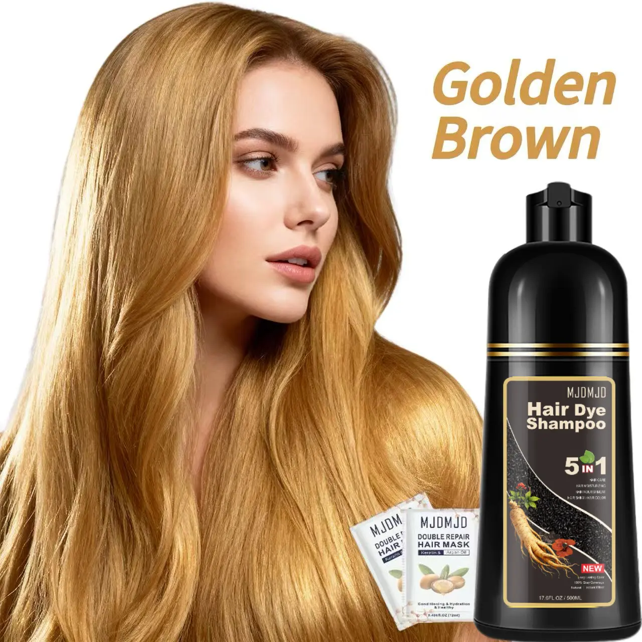 Golden Brown Hair Dye Shampoo 5 in 1, Instant Color Shampoo with Ginseng Extract & Botanical Formula, Natural Sulfate-Free Hair Coloring for Men & Women, Includes Two Free Hair Mask Sachets, 500ml