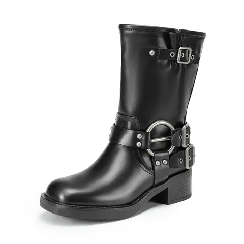 Dream Pairs Women's Leather Moto-Inspired Biker Rider Mid-Calf Straight-Cut Boots - Casual Slip-On Footwear Fashion, Adjustable Buckle Strap, Low Heel (1-3 cm) Walking Shoes for Alternative Baddie Aesthetic