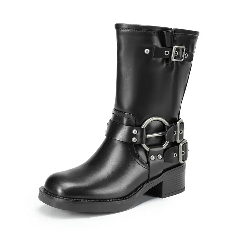 Dream Pairs Women's Casual Mid-Calf Motorcycle Boots, Sporty Chic Slip-On Shoes with a Low Heel and Adjustable Buckles, Footwear