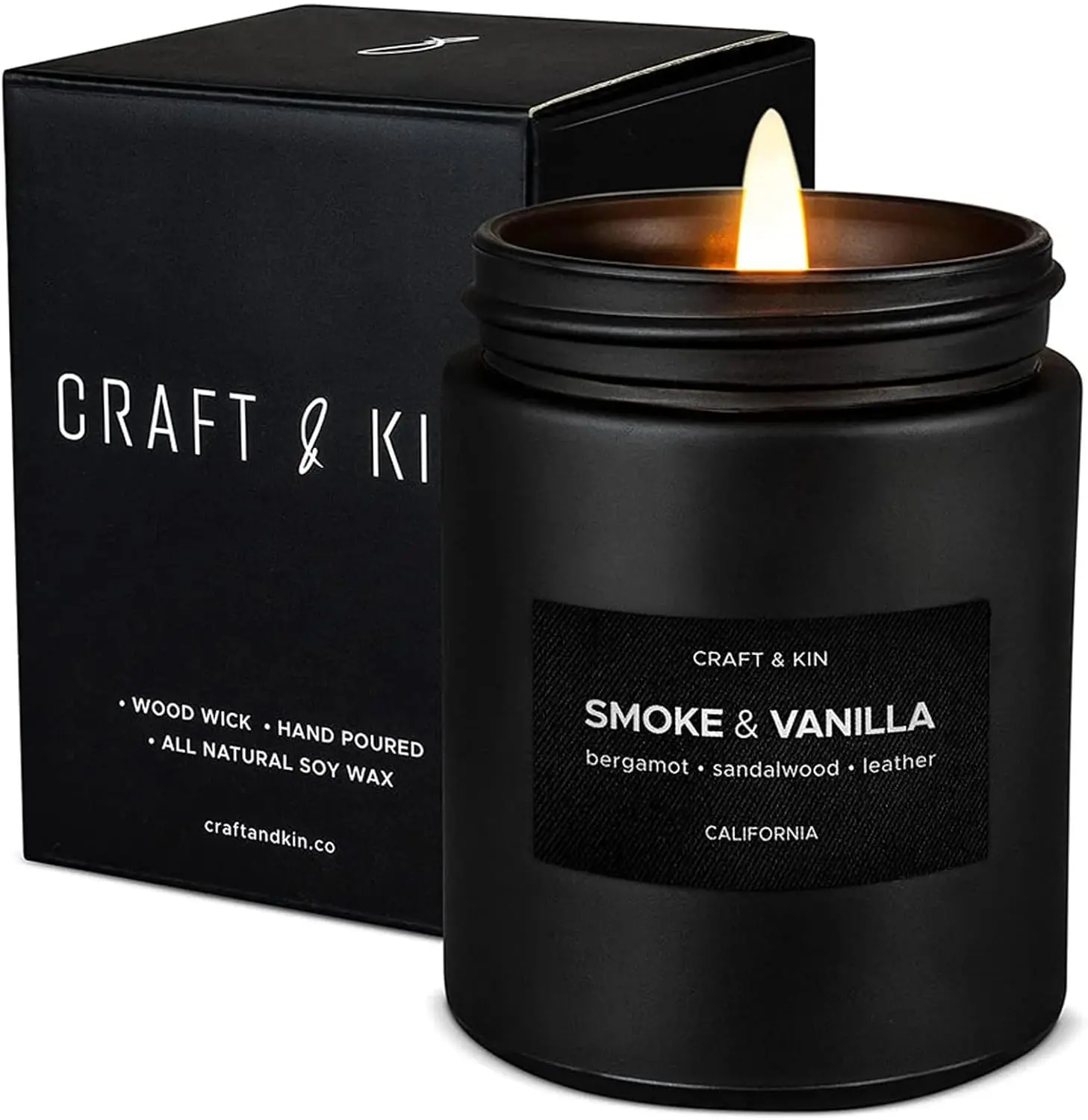 Craft & Kin Premium Smoke & Vanilla Scented Candle – Long Lasting, 45 Hour Burn Time – Luxury Black Natural Soy Scented Candle for Men with Wood Wick – Room Decor and Aromatherapy – 7.6 Oz