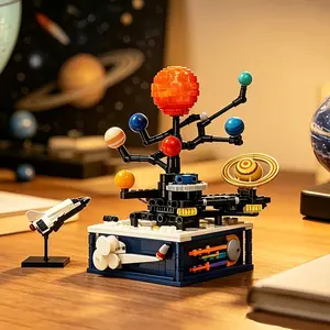 Hand-Crank Solar System Planet Collectible Building Blocks Toy, Gear-Driven Orbit Model, Educational Desktop Decor, Astronomer Collection, Creative Gift