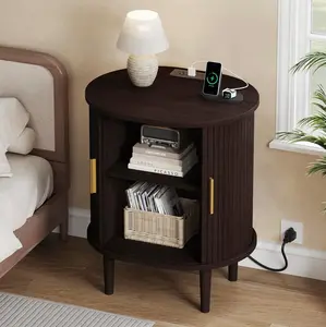 【Deals for You Days】DHH Oval Nightstand with Charging Station & USB Ports, Mid-Century Modern Fluted Wood End Table with Tambour Sliding Door, Hidden Storage Bedside Side Table for Bedroom & Living Room（Dark Walnut）