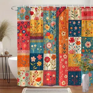Vintage Colorful Striped Floral Print Shower Curtain 100% Polyester Machine Washable with 12 Hooks for Bathroom Decor & Accessories Fade-Resistant Waterproof Bohemian Style