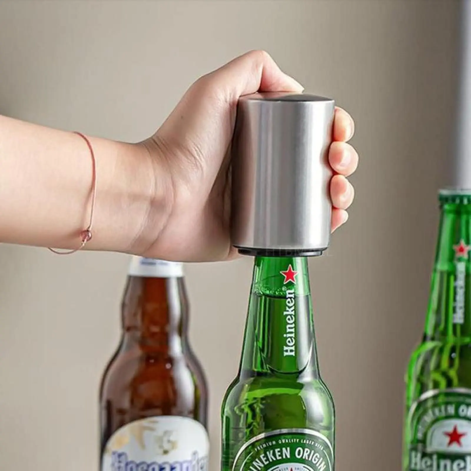 Magnetic Automatic Stainless Steel Push Down Opener,Premium Beer Bottle Openerfor Kitchen Home Bar Restaurant Household Utensils,with Cap Catcher,No-Slip Grip,Quick Open Cap .