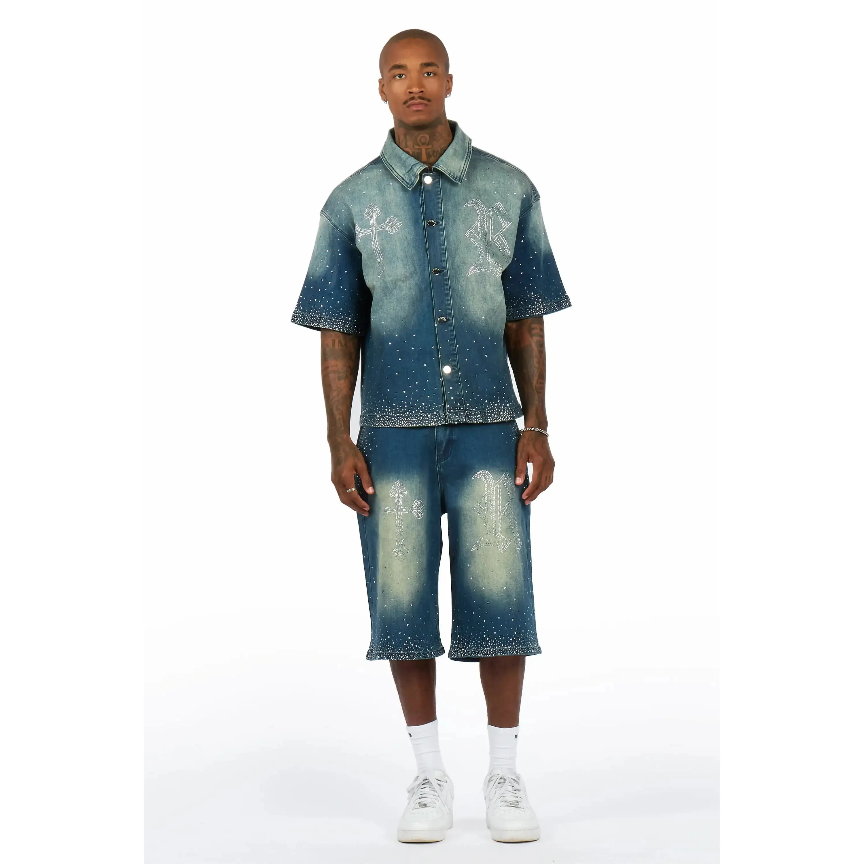 Clemente Medium Blue Rhinestone Button Down Shirt Jort Set