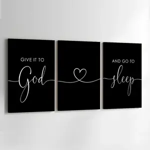 Wood Framed Canvas Wall Art, 3 Counts/Set, "Give It to God and Go to Sleep" Letter Pattern Wall Decor for Home, Living Room, Bedroom or Office, Christian Bedroom Wall Set, Faith Quote Minimal Print, Religious Calming Home Gift, Black White Script Canvas