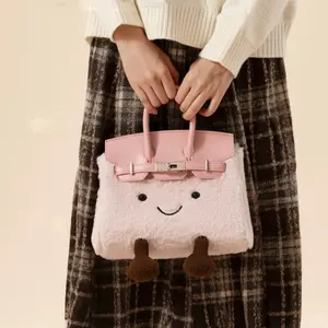 2026 Kebidou Cute Faux Fur Crossbody Bag for Women 2025 Autumn Winter New Cartoon Fashion Kelly Handbag with Belt Decoration & Zippered Hidden Pocket2025