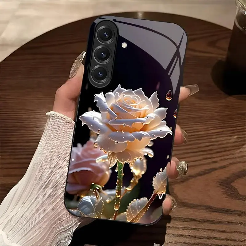 Luxury Rose Glass Smartphone Casing, Shockproof Floral Cellphone Protector Accessories with Camera Protection, Compatible with Galaxy S25