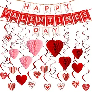 31 Pcs Valentines Day Swirl String Cutout,Decoration Kit with Banner, Garland, Foil Swirls, Hanging Swirls with Heart Pendant,Heart Honeycombs for Valentines Party, Wedding ,Anniversary