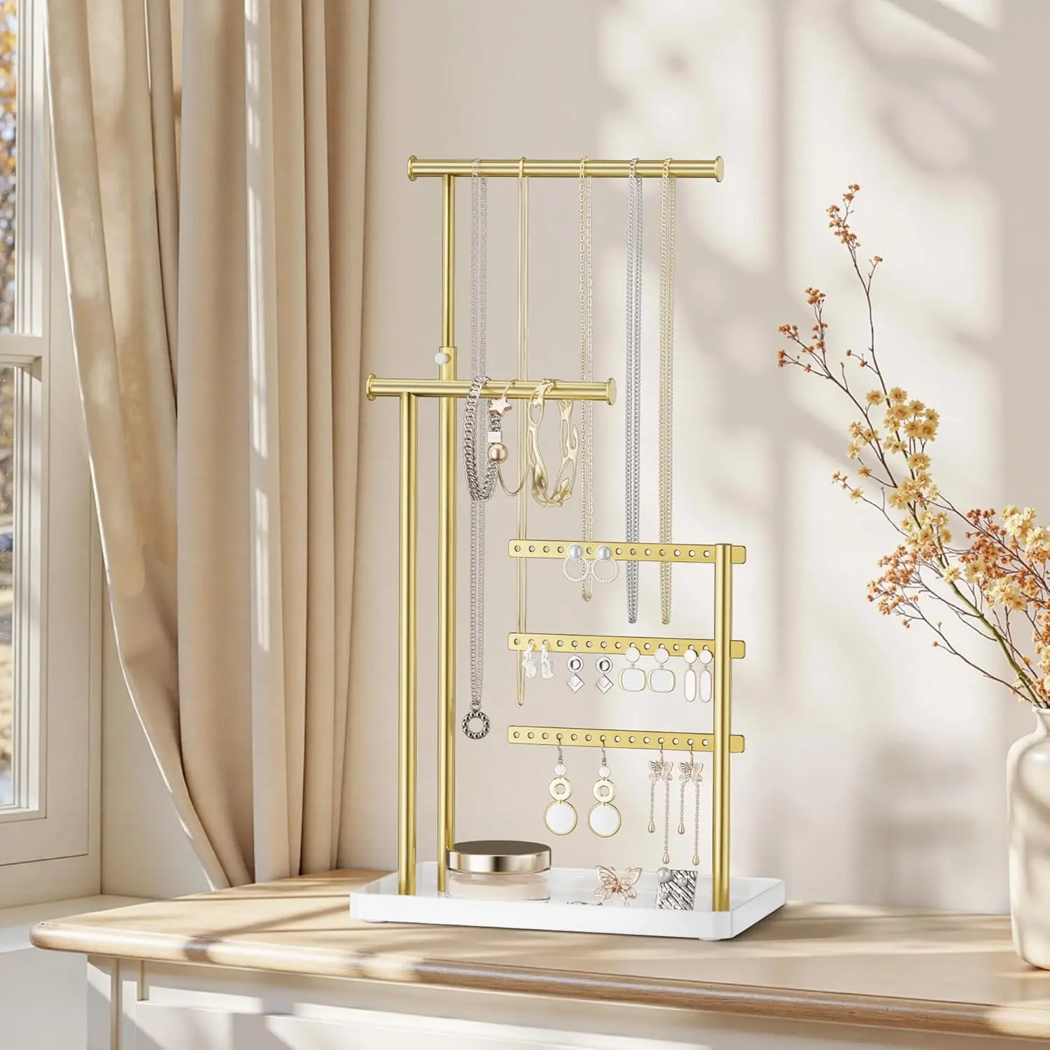 Jewelry Holder Organizer Stand - Adjustable Tall 17.5" (Max), Sturdy Jewelry Hanger for Necklaces, Earrings, Bracelets, Rings, Jewlery Display and Storage, Gold and White, Metal