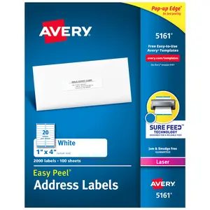 Avery Easy Peel Printable Address Labels with Sure Feed, 1" x 4", White, 2,000 Blank Mailing Labels for Laser Printers (5161)