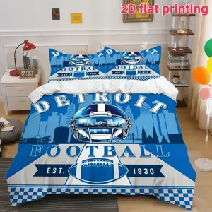 2D Flat 3Pcs Detroit Football Duvet Cover, with Cityscape Skyline and Helmet Design, Sports Theme Bedding (1 + 2 Pillowcases, Unfilled), Ultra Soft Microfiber for Bedroom Decor.