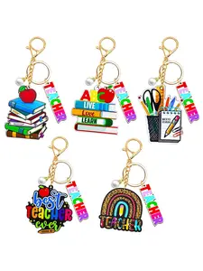 Creative Keychain Heart Pencil Tassel Colorful Geometric Shape Teacher Keychain Bag Pendant Car Key Accessories Gift for Teachers