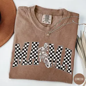 Motocross motomom Shirt, Dirtbike Mom raceday Tshirt, Motocross Mom Checkered Flag Gift Moto Mom Race T-Shirt, Graphic Printed Cotton Womenswear Top