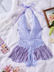 Romantic Valentine's Day Gift, Women's Sexy Lace Underwear, Lingerie, Deep V Neck, Smooth Fabric, Soft, Semi-Transparent, All Seasons Sleeveless, Lace Lingerie Bodysuit