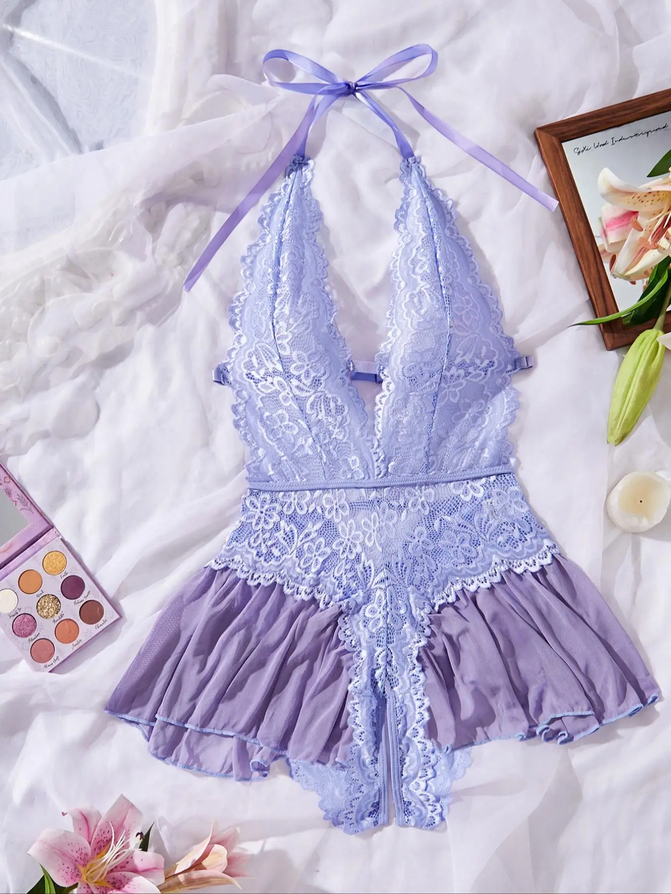 Women's Sexy Deep V Neck Strapless Bodysuit, Soft High Elastic Lace Floral Patchwork Teddy Onesie, Sheer Shapewear Sleepwear Gift