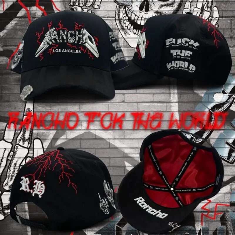 Rancho Hats - Black Skull and Crossbones Design, Model with "FUCK THE WORLD" Text, Includes Adjustable Strap and Classic Cap Style