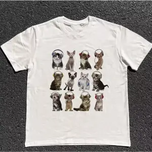 Cats HeadPhone T-Shirt, Unisex Vintage Graphic Tees Gothic Grunge Y2k Emo Scene Amity Affliction Style Clothes Men Women Streetwear