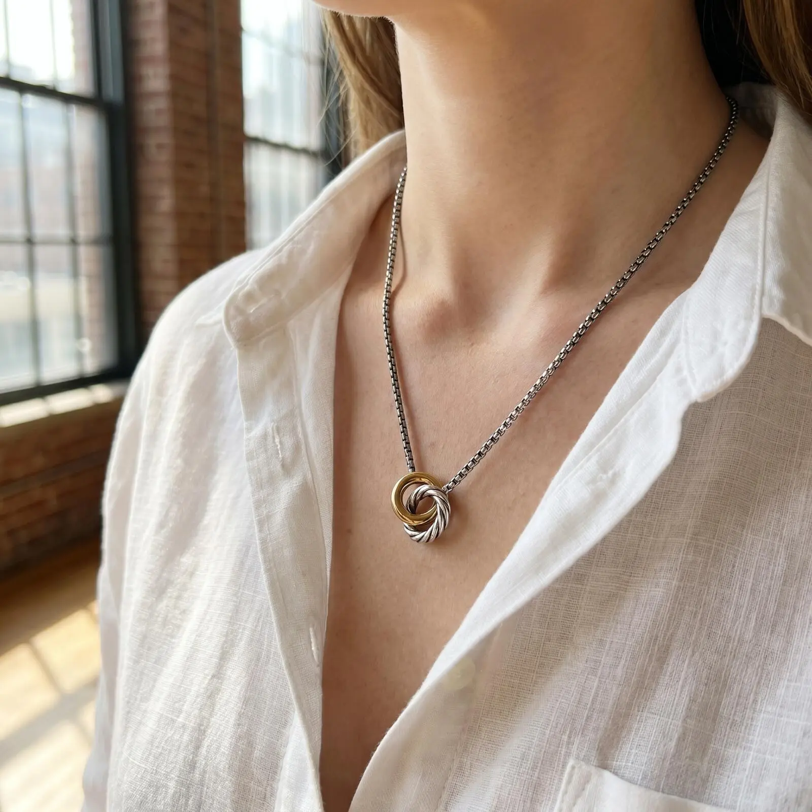 S925 Sterling Silver Color-Separation Double Ring Metal Pendant Necklace - Fine Jewelry, Elegant Retro Luxury Unisex Accessory for Daily Wear & Party Use, No Warning Applicable, Casual, Adults, Metal Fine Jewelry, All Seasons