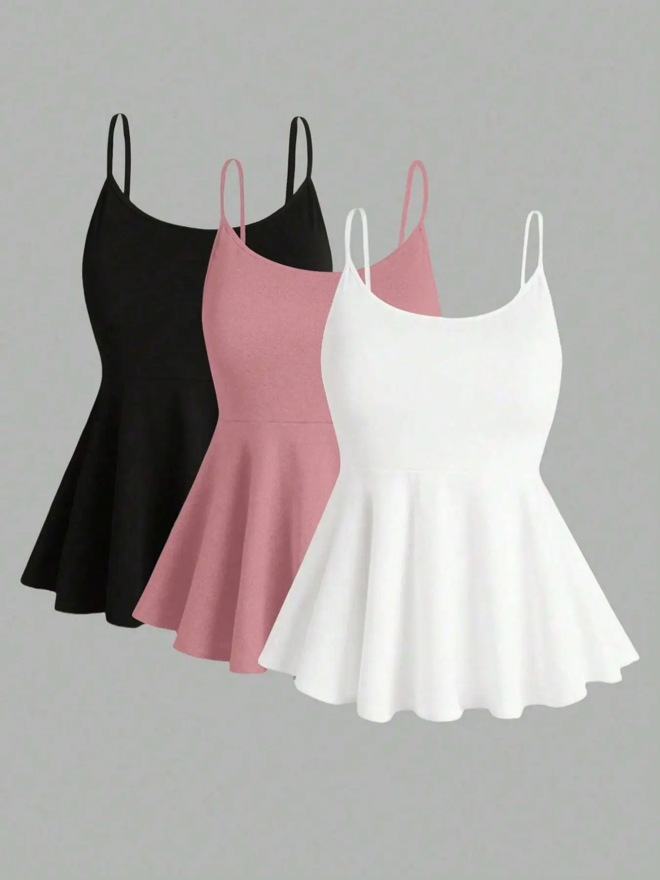 Women's Plus Size 3 Pack Peplum Cami Tops Camisole Shirts Spaghetti Strap Flared Hem Tank Tops Tummy Control Fitted Flowy Summer Shirts Casual Chic Sleeveless Daily Outfits Clean Girl Aesthetic Feminine Basics Pack Spring Womenswear Casual Comfy Cami