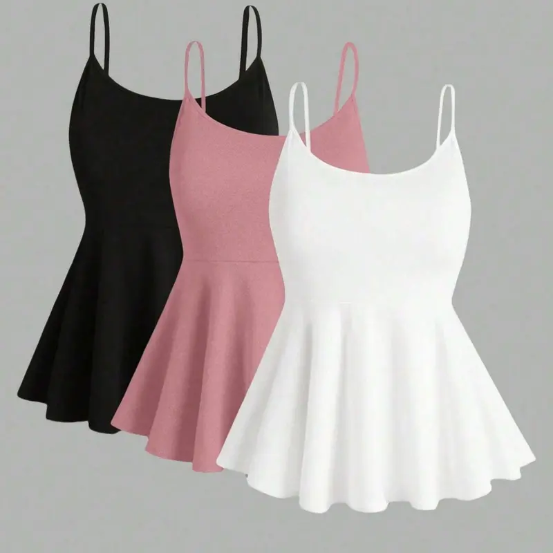 Women's Plus Size 3 Pack Peplum Cami Tops Camisole Shirts Spaghetti Strap Flared Hem Tank Tops Tummy Control Fitted Flowy Summer Shirts Casual Chic Sleeveless Daily Outfits Clean Girl Aesthetic Feminine Basics Pack Spring Womenswear Casual Comfy Cami
