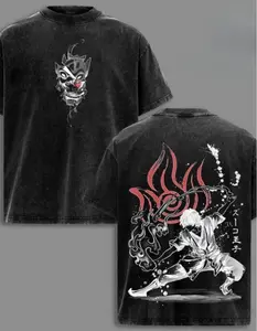 Oversized Retro Washed T-Shirt, Double-Sided Print with Gintama Sakata Gintoki Demon Mask & Samurai Flame Graphic, Unisex Casual Streetwear Tee for Men Women, Perfect for Outdoor & Daily Wear