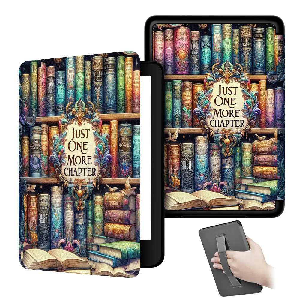 Leather Bookshelf Cover for Kindle 11th Gen 6" Basic Model (RS23CV, C2V2L3) 2024/2022, Soft TPU Smart Shell with Hand Strap & Auto Sleep-Wake Function